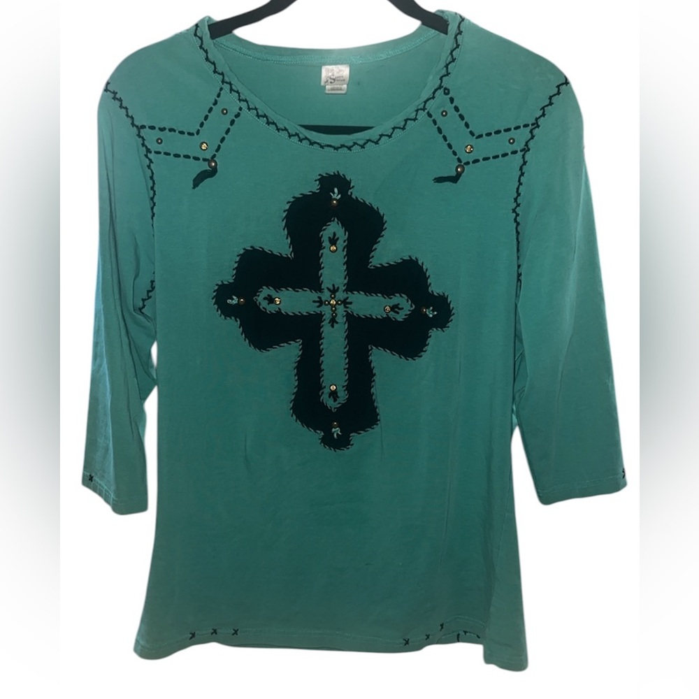 Women's Teal 3/4-Sleeve Cross Accent Tee with Stud Details